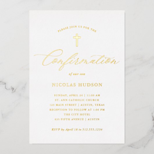 Invitation En Aluminium Élégante calligraphie et croix d'or | Confirmation (Recto)