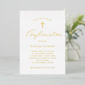 Invitation En Aluminium Élégante calligraphie et croix d'or | Confirmation (Debout devant)