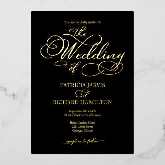 Invitation En Aluminium Élégante calligraphie Mariage Black Gold (Recto)