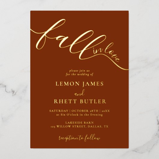 Invitation En Aluminium Élégante Calligraphie Tombe Dans L'Amour Mariage O (Devant)