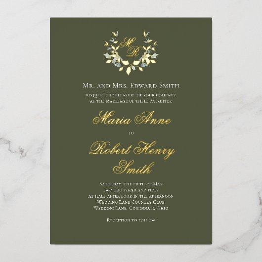 Invitation En Aluminium Élégante calligraphie verte Monogramme or Mariage (Recto)