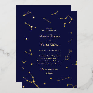 Invitation En Aluminium Élégante Constellation Bleu Et Or Mariage