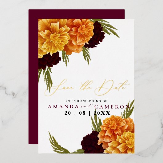 Invitation En Aluminium Elégante couleur rouge bordeaux "MARIGOLD" Photo (Recto/Verso)