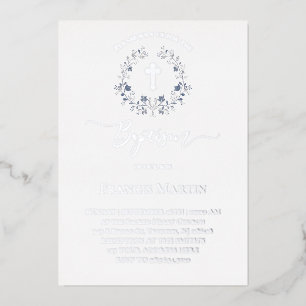 Invitation En Aluminium élégante couronne bleue Baptême argent