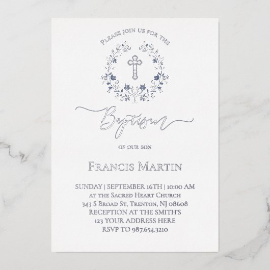 Invitation En Aluminium élégante couronne bleue Baptême argent (Recto)