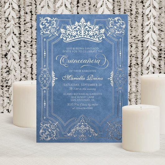 Invitation En Aluminium Elégante Couronne Bleue Tiara Quinceanera