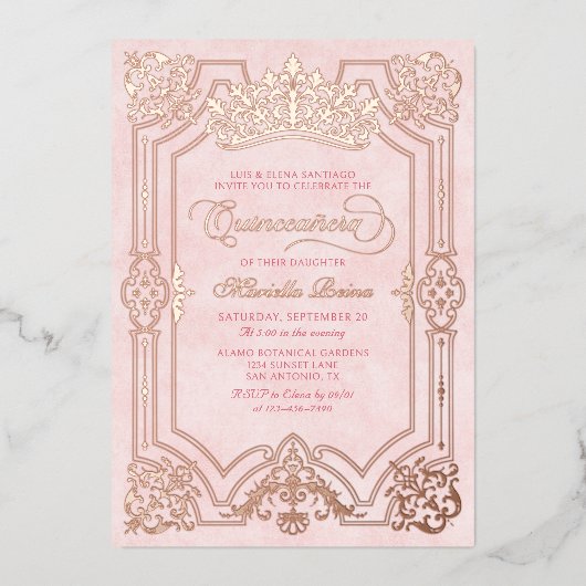 Invitation En Aluminium Elégante Couronne rose Tiara Quinceanera (Recto)
