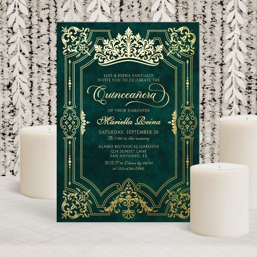 Invitation En Aluminium Elégante Couronne verte Tiara Quinceanera