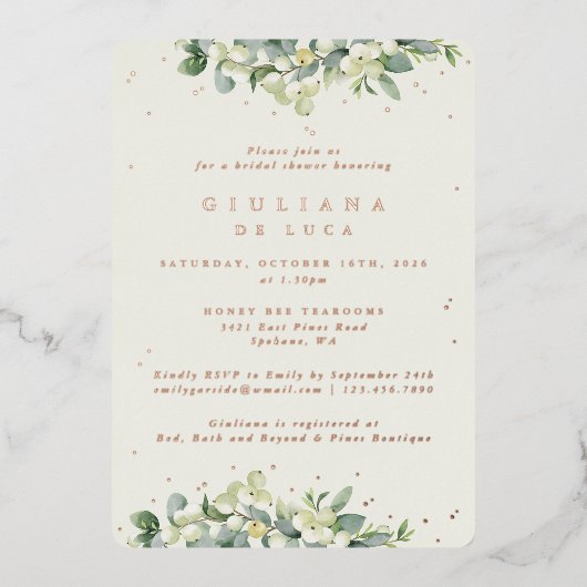 Invitation En Aluminium Elégante crème Snowberry+Eucalyptus Fête des marié (Recto)