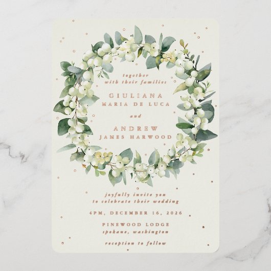 Invitation En Aluminium Elégante crème Snowberry+Eucalyptus Wreath Mariage (Recto)