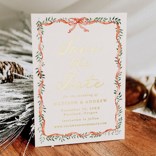 Invitation En Aluminium Élégante crème verte au ruban rouge Enregistrer la