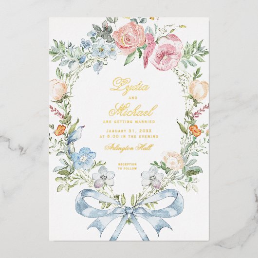 Invitation En Aluminium Élégante crête de couronne fleurie | Mariage monog (Recto)