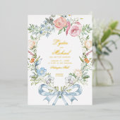 Invitation En Aluminium Élégante crête de couronne fleurie | Mariage monog (Debout devant)