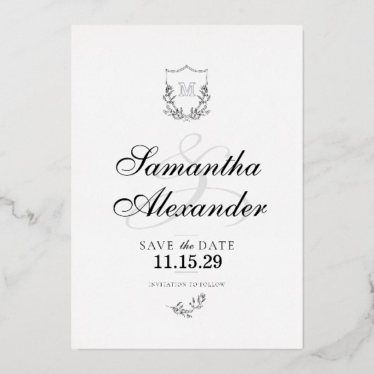 Invitation En Aluminium Élégante crête noire et blanche Enregistrer la dat (Recto)