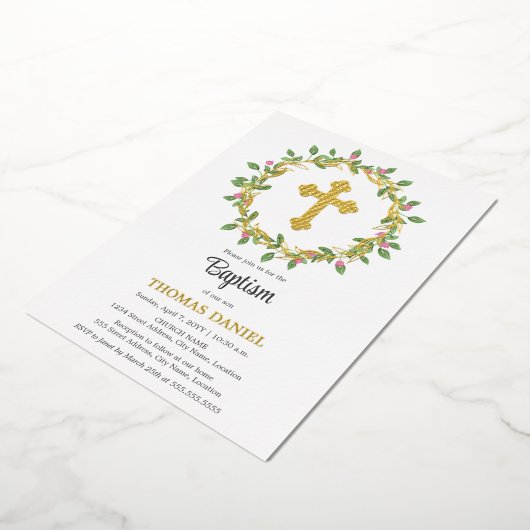 Invitation En Aluminium Elégante Croix d'or Baptême de fleurs de couronne (Rotation)