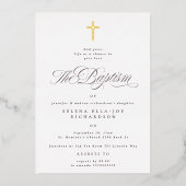 Invitation En Aluminium Élégante croix d'or Calligraphie Baptême (Recto)