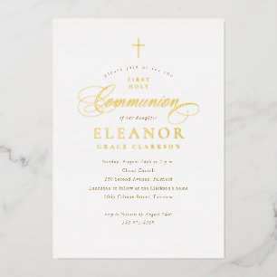Invitation En Aluminium Élégante croix d'or Calligraphie première communio