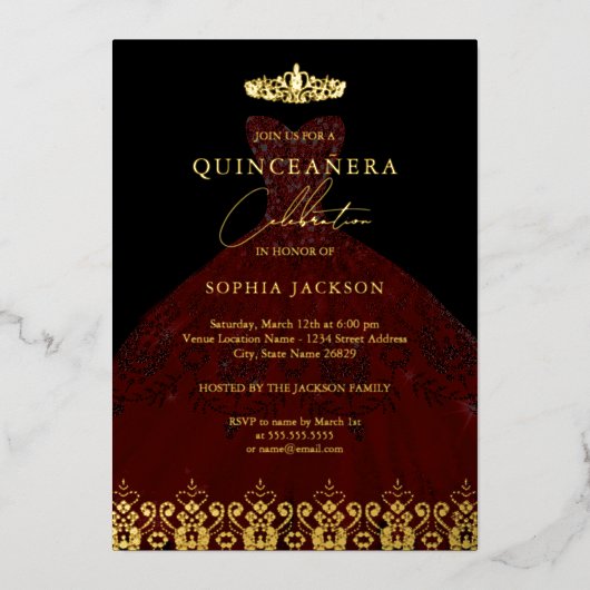 Invitation En Aluminium Elégante Damask Tiara Red Gold Quinceanera (Recto)
