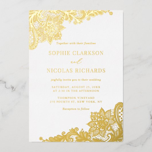 Invitation En Aluminium Elégante dentelle antique Rustique Mariage Or (Recto)