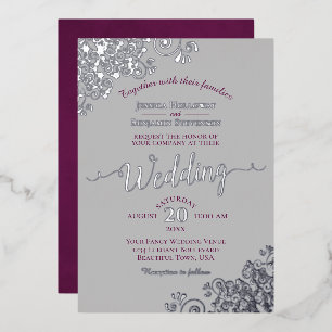 Invitation En Aluminium Elégante dentelle argentée pourpre sur Mariage gri