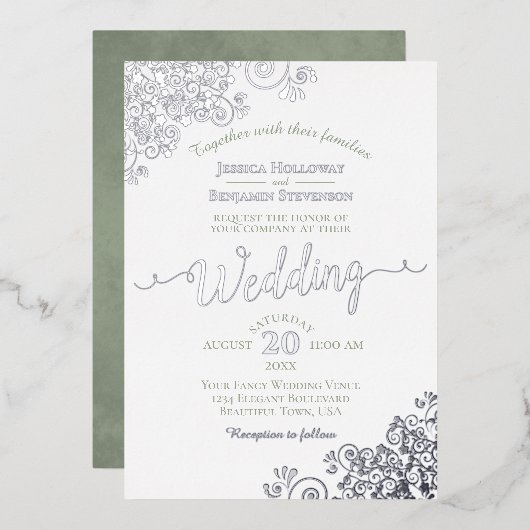 Invitation En Aluminium Elégante dentelle d'argent & Sage vert sur Mariage (Recto/Verso)