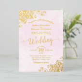 Invitation En Aluminium Elégante dentelle d'or sur rose pâle Fancy Mariage (Debout devant)