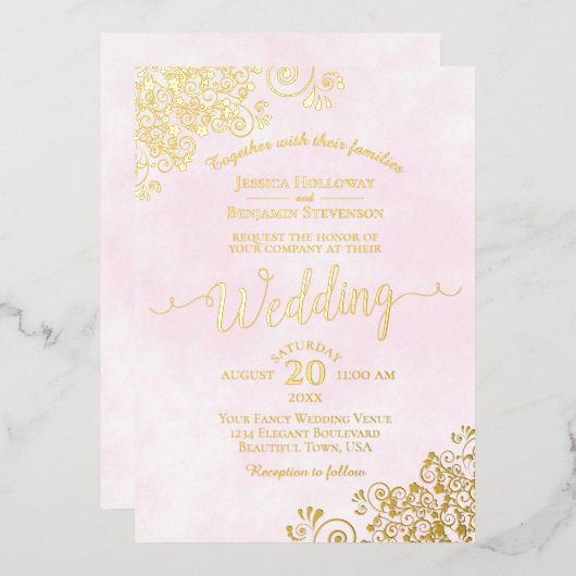 Invitation En Aluminium Elégante dentelle d'or sur rose pâle Fancy Mariage (Recto/Verso)