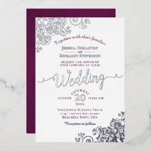 Invitation En Aluminium Elégante dentelle et magenta en argent sur Mariage