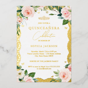 Invitation En Aluminium Elégante dentelle or Blush rose Floral Quinceanera