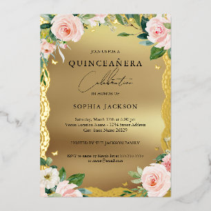 Invitation En Aluminium Elégante dentelle or rose floral photo Quinceanera