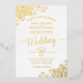 Invitation En Aluminium Elégante dentelle or sur Mariage blanc classique (Recto)