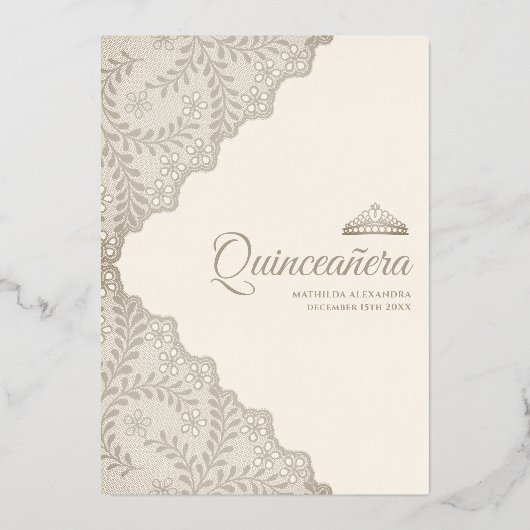 Invitation En Aluminium Elégante dentelle Tiara Quinceanera Or (Verso)