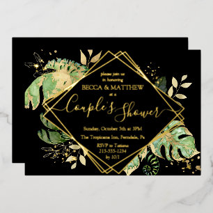 Invitation En Aluminium Élégante douche à couple tropical Noir & Gold Foil