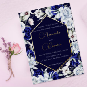Invitation En Aluminium Elégante Dusty Blue Navy Floral Mariage Gold