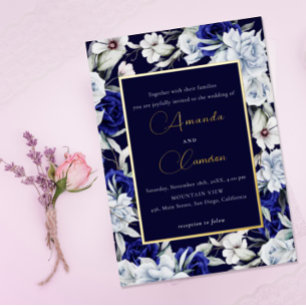 Invitation En Aluminium Elégante Dusty Blue Navy Floral Mariage Gold