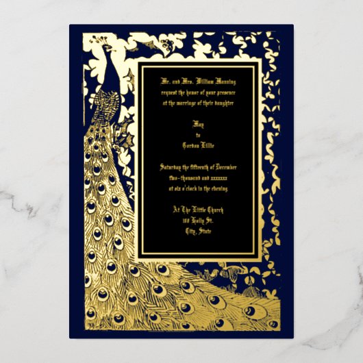 Invitation En Aluminium Élégante époque victorienne Art Nouveau Peacock Ma (Recto)