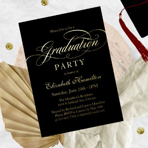 Invitation En Aluminium Élégante Fête de Diplômés Calligraphie Noir et Or