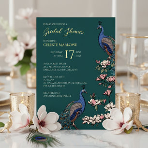 Invitation En Aluminium Élégante Fête de Mariage de Paon Floral Sarcelle