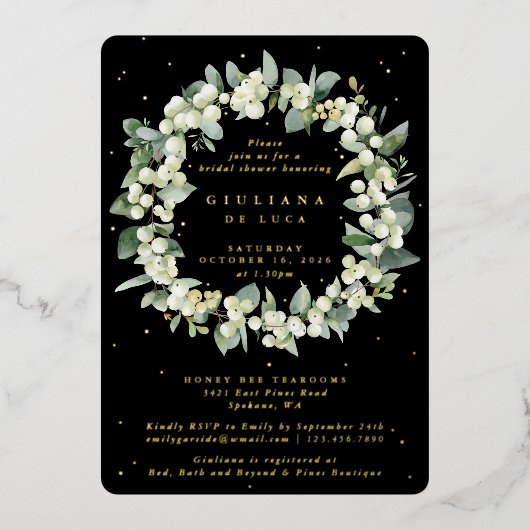 Invitation En Aluminium Elégante Fête des mariées Black Snowberry+Eucalypt (Recto)