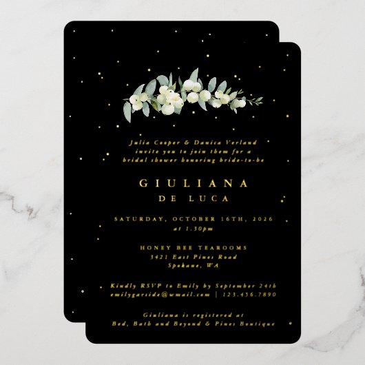 Invitation En Aluminium Elégante Fête des mariées Black Snowberry+Eucalypt (Recto/Verso)