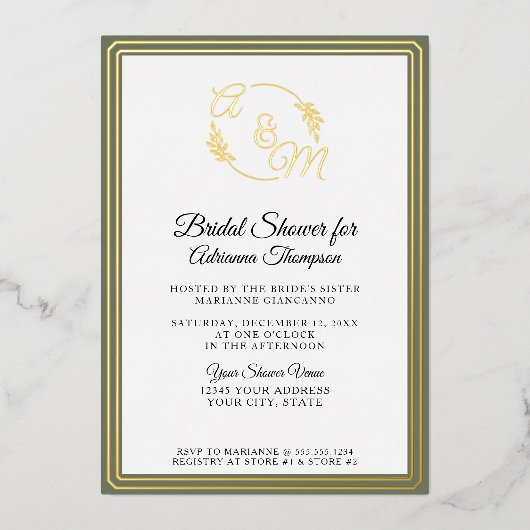 Invitation En Aluminium Élégante Fête des mariées Monogramme Vert Or simpl (Recto)