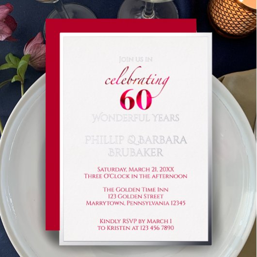 Invitation En Aluminium Élégante fête du 60e anniversaire du Mariage Red F
