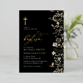 Invitation En Aluminium élégante feuille d'or fleur sauvage baptême invita (Debout devant)