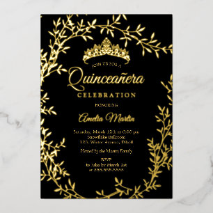 Invitation En Aluminium Elégante feuille d'or noir couronne Quinceanera