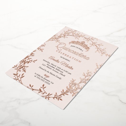 Invitation En Aluminium Elégante feuille d'or Rose feuille d'or Quinceaner (Rotation)