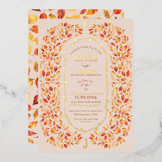 Invitation En Aluminium Elégante Feuilles de Chute Beige Rustique Boho Mar (Recto/Verso)