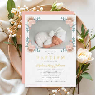 Invitation En Aluminium Élégante Fille Florale Rose Photo Baptême Or