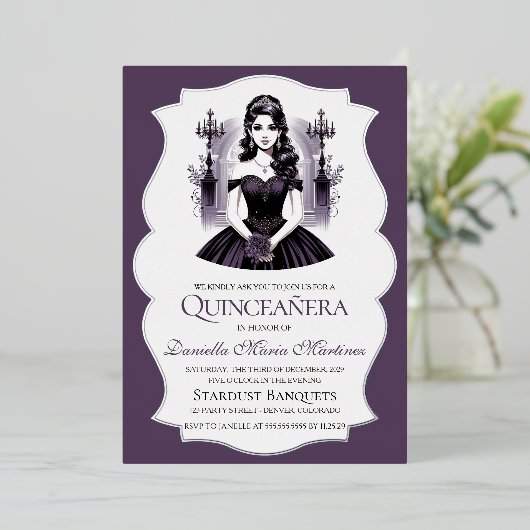 Invitation En Aluminium Élégante fille Quinceañera violet (Debout devant)