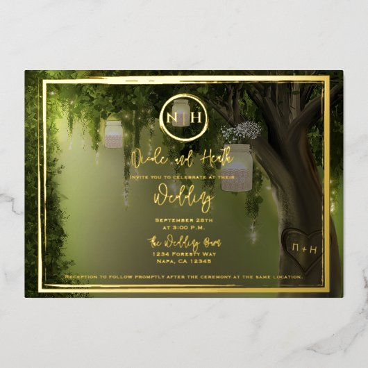 Invitation En Aluminium Élégante Forêt Floral Jars Lumières Or Mariage (Recto)