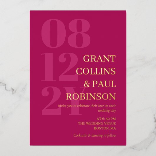 Invitation En Aluminium Elégante Fuchsia & Gold Typographie (Recto)